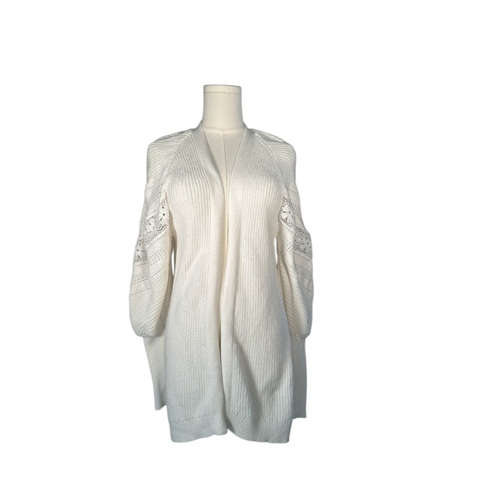 EXPRESS Cream White Lace Sleeve Open Front Knit Cardigan Sweater XS‎